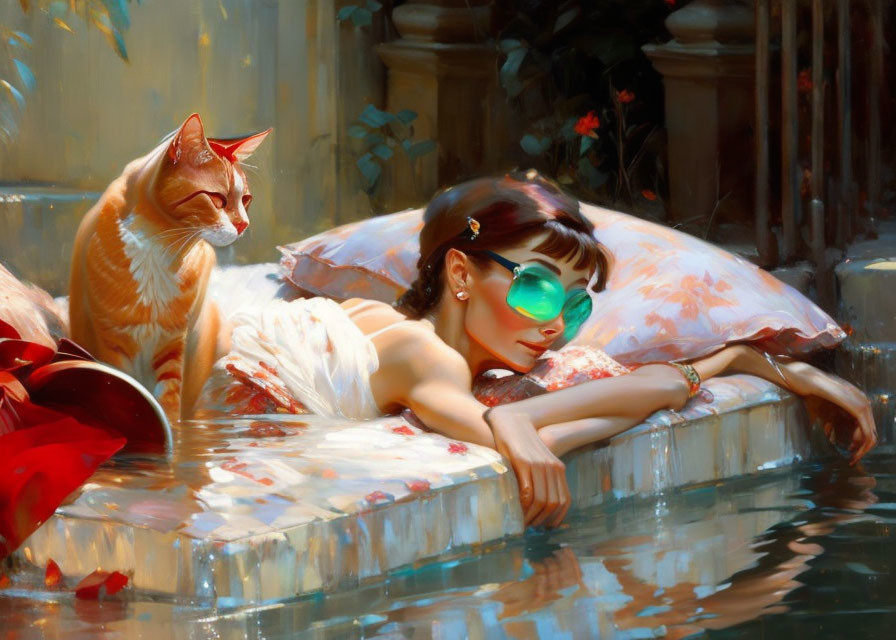 Woman Relaxing in Pool with Ginger Cat Under Sunlight