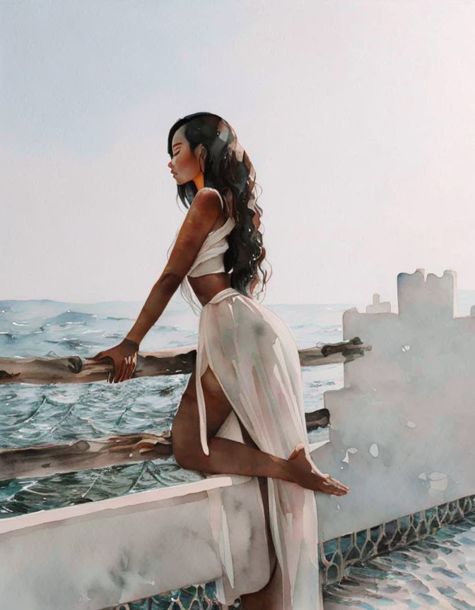 Woman in white outfit gazes at sea and castle from railing