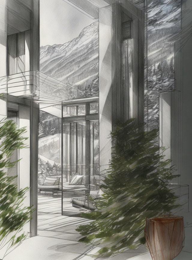 Room sketch with large windows, snowy mountain view, potted plants, modern furniture