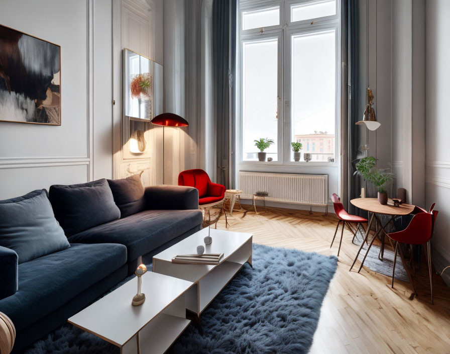 Contemporary living room with navy blue sofa, white table, red chairs, large window & artwork