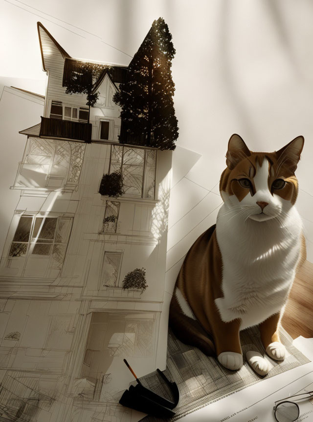 Cat sitting in front of surreal house blueprint blend