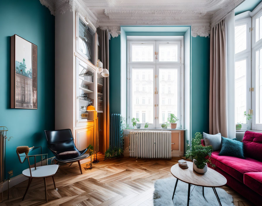 Chic teal room with herringbone floor, pink sofa, and wooden furniture