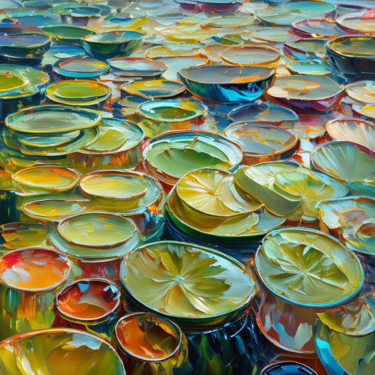 Vibrant textured painting of floating lily pads in colorful hues