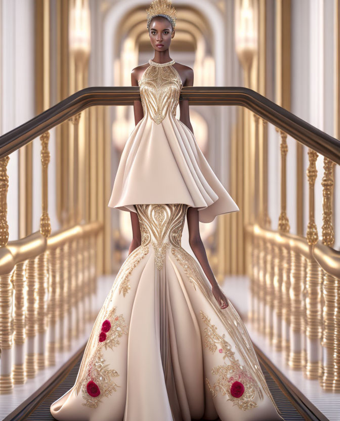 Luxurious cream and gold gown on elegant woman standing on grand staircase