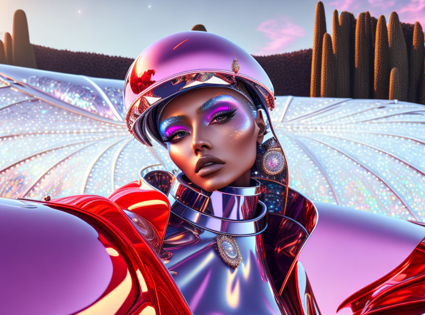 Futuristic female character with purple makeup in reflective suit in fantasy desert landscape