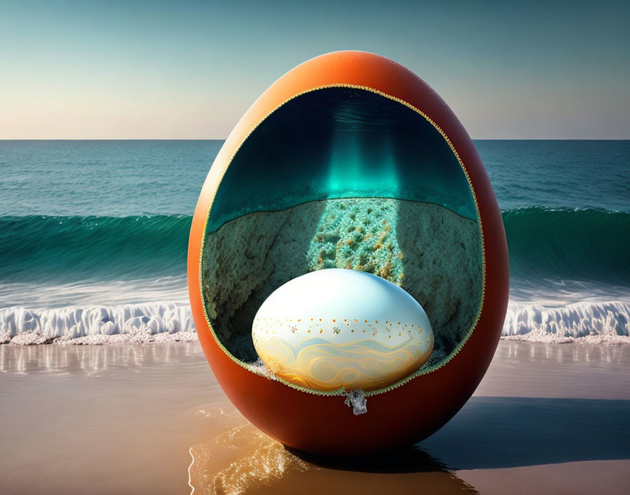 Egg-like Structure Revealing Pearl on Ocean Background