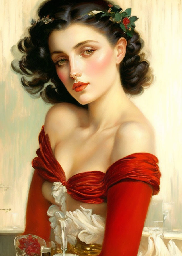 Portrait of Woman with Dark Curly Hair, Red Berries, and Off-the-Shoulder Dress