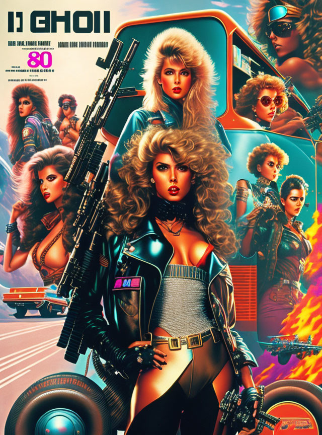 Vibrant retro-futuristic poster featuring stylized women in 80's fashion and sci-fi