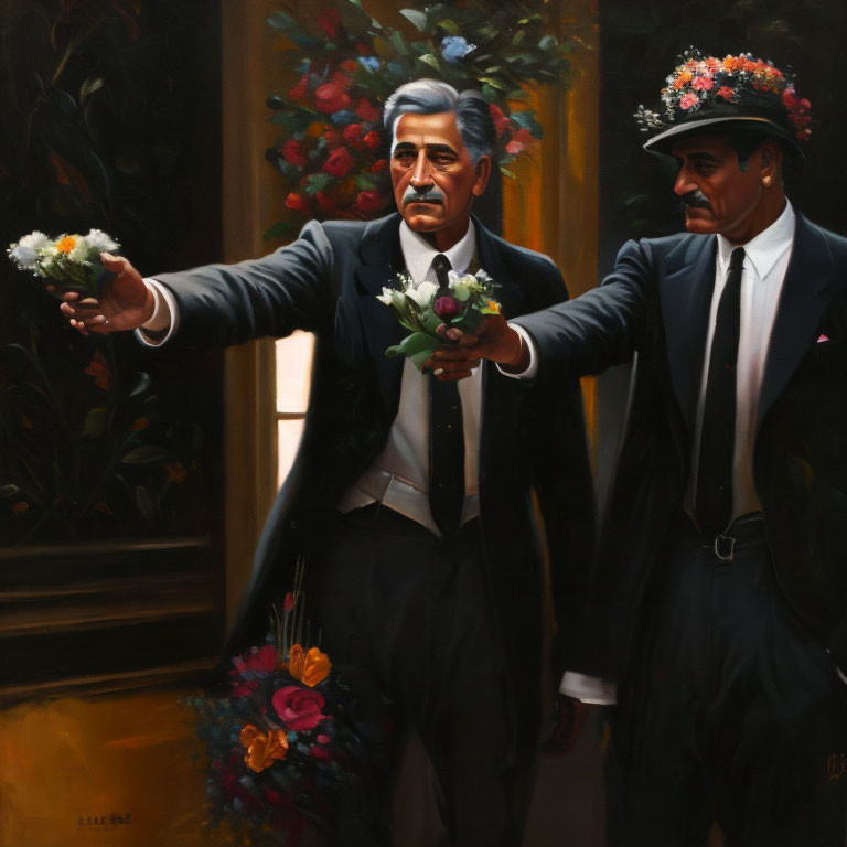 Elegant men with flowers in vibrant setting