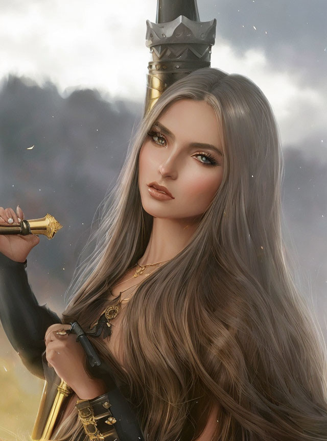 Fantasy warrior woman digital illustration with sword and gray hair.