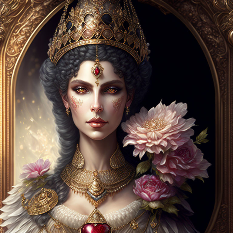 Regal woman with crown and gold jewelry against floral backdrop.