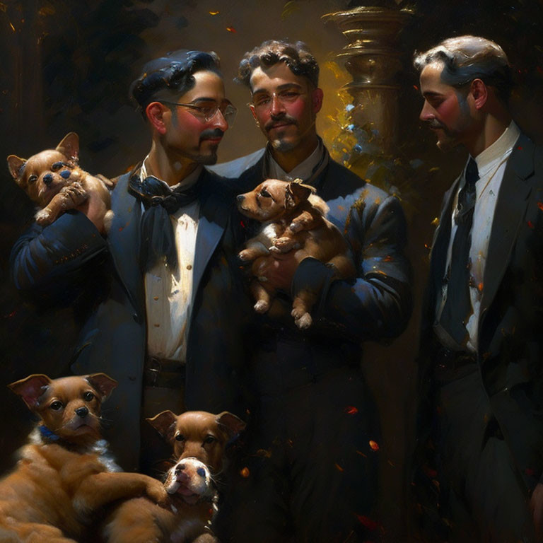 Vintage Attired Gentlemen with Four Small Dogs on Dark Background