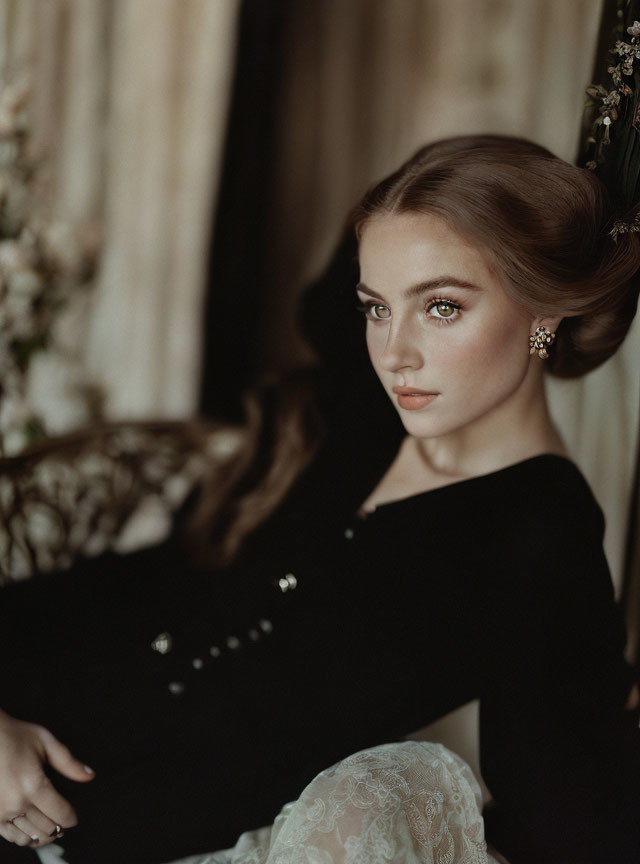 Pensive woman with elegant updo in black top and soft lace details