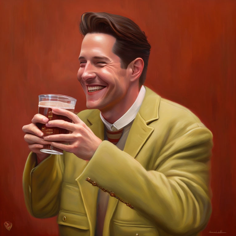 Smiling man in beige jacket with glass of whiskey on warm red backdrop