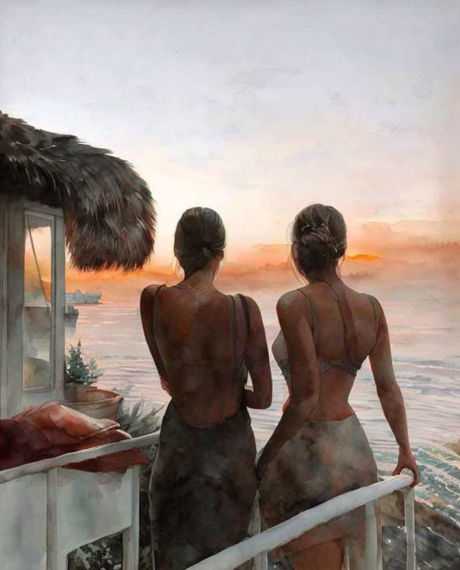 Two Women in Dresses Admiring Seaside Sunset with Small Boat in Distance