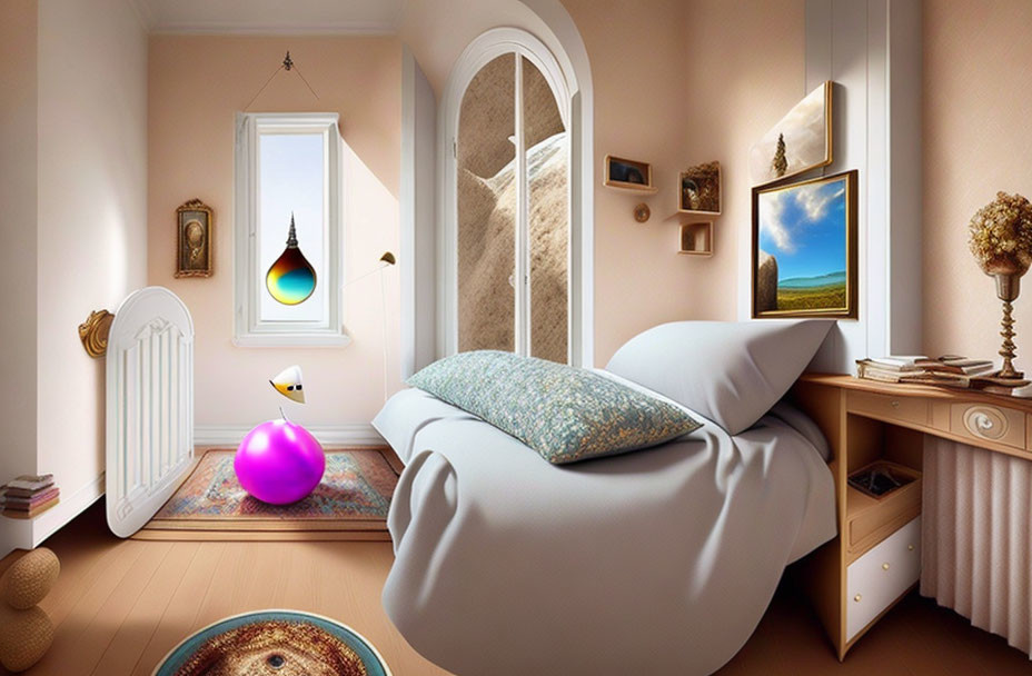 Surreal bedroom with floating teardrop and distorted perspectives