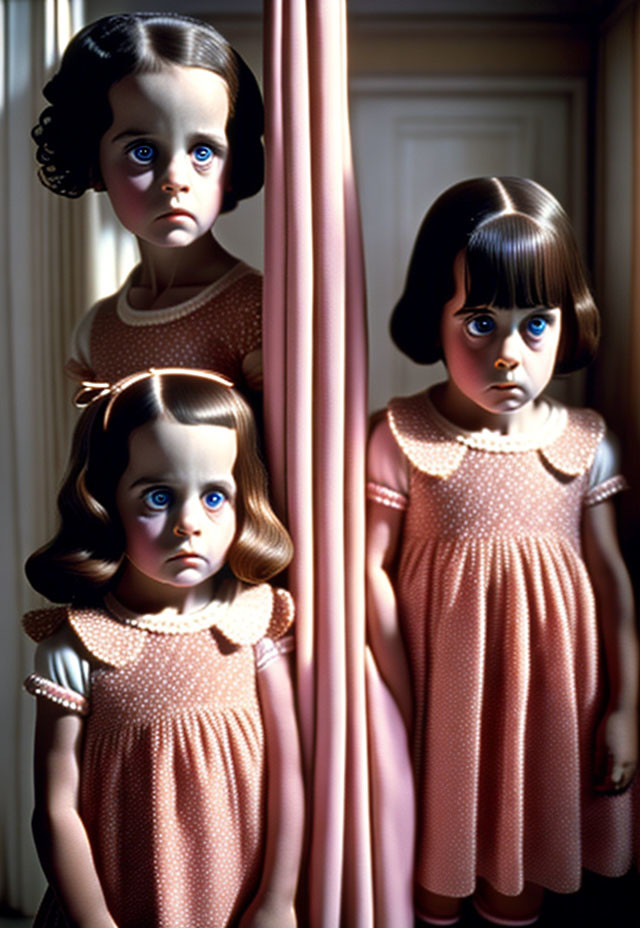 Three girls with expressive eyes in dimly lit room.