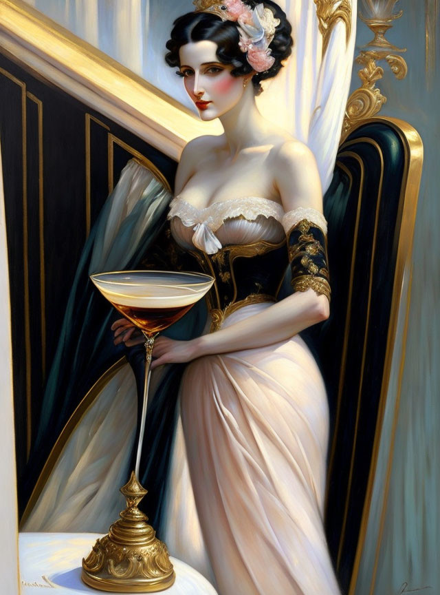 Fashionable woman in off-the-shoulder gown with feathered hairpiece holding glass by luxurious chair