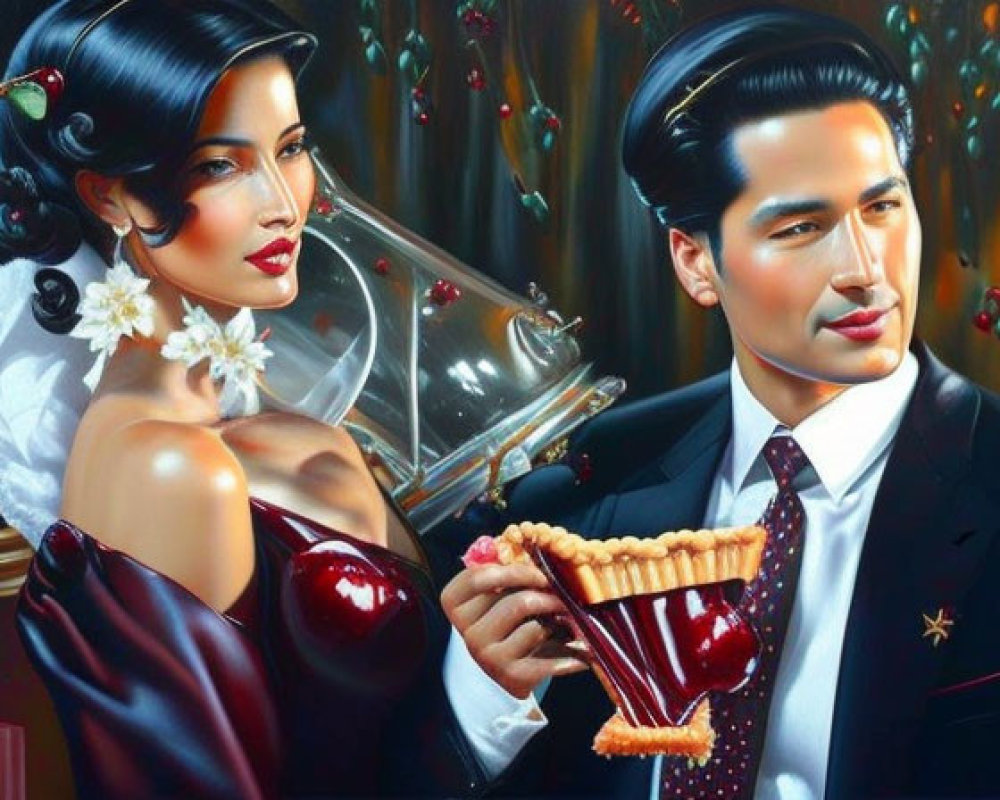 Vintage Attired Elegant Couple with Wine Glass and Cherry in Luxurious Setting