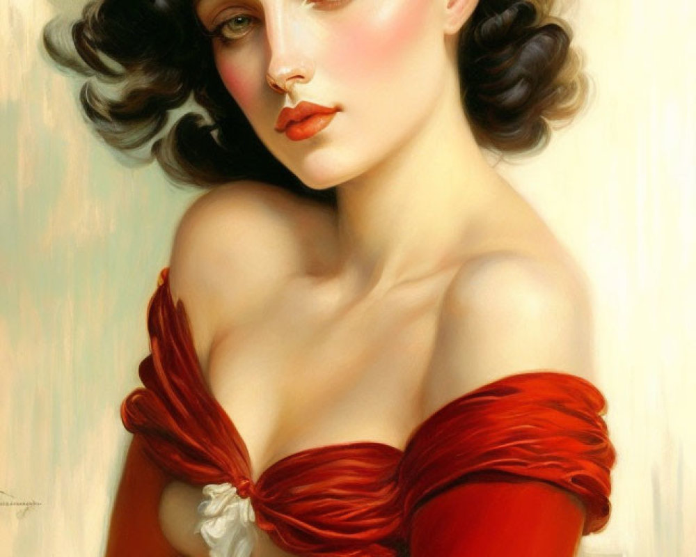 Portrait of Woman with Dark Curly Hair, Red Berries, and Off-the-Shoulder Dress