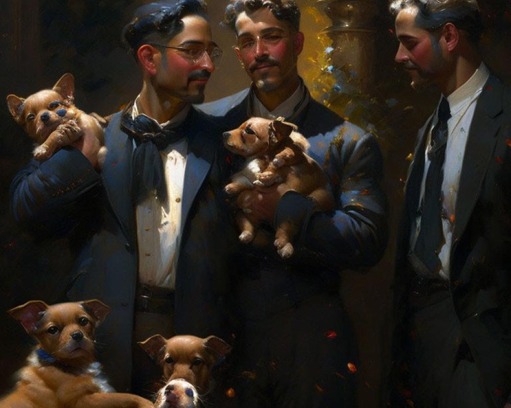 Vintage Attired Gentlemen with Four Small Dogs on Dark Background
