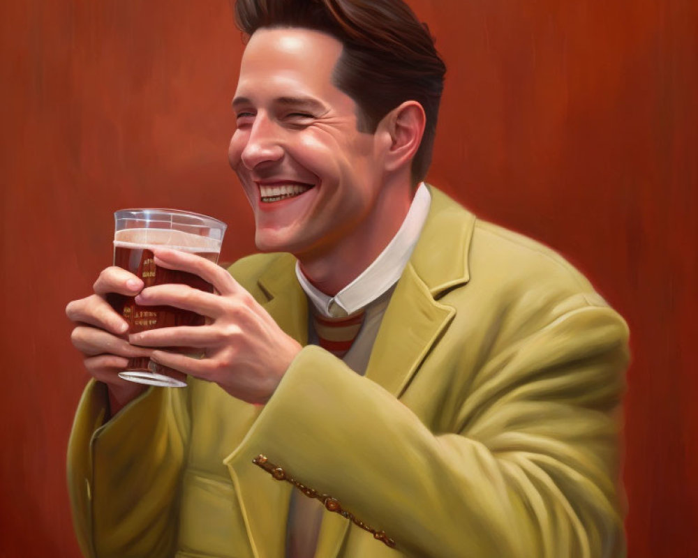 Smiling man in beige jacket with glass of whiskey on warm red backdrop