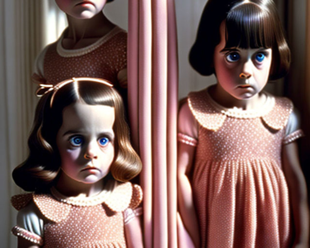 Three girls with expressive eyes in dimly lit room.