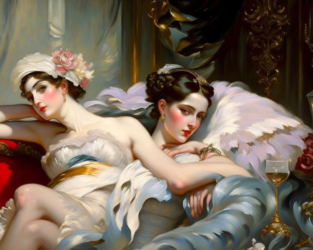 Two women in classical attire with a white feathered wing in opulent setting.