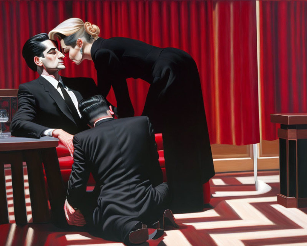 Dramatic red room painting with man, woman, and crouching figure