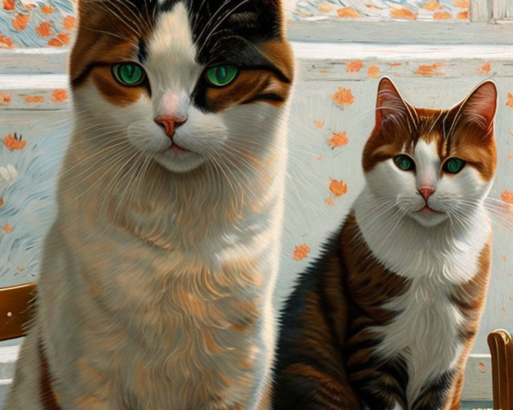 Two domestic cats with unique patterns in front of a food spread, against a serene painted landscape