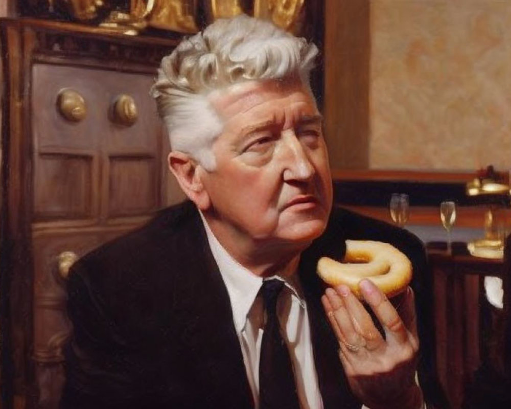 Silver-Haired Man Contemplating Donut in Classic Room