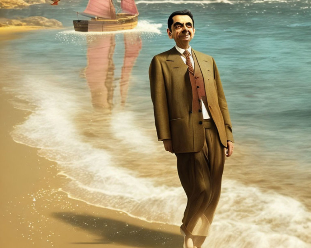 Surreal image of man with exaggerated smile on beach.