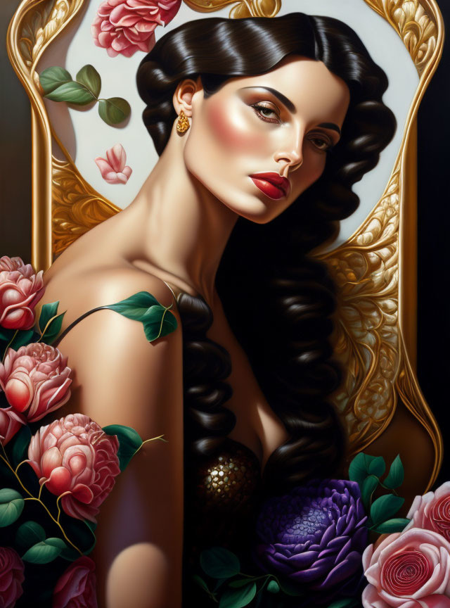 Dark-haired woman with red lipstick in golden mirror surrounded by roses and peonies