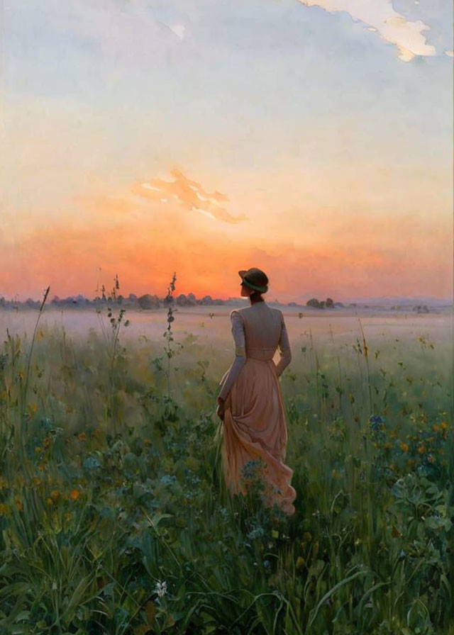 Vintage-dressed person in field at sunset with wildflowers.