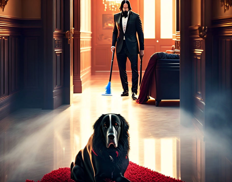 Person in tuxedo with mop and black dog in elegant hallway