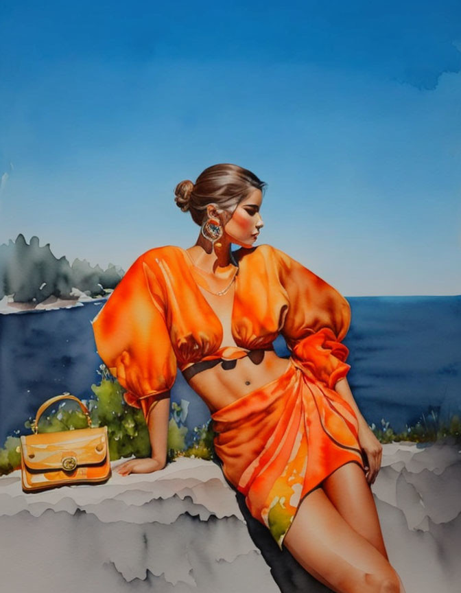 Woman in Orange Dress by the Sea with Yellow Handbag