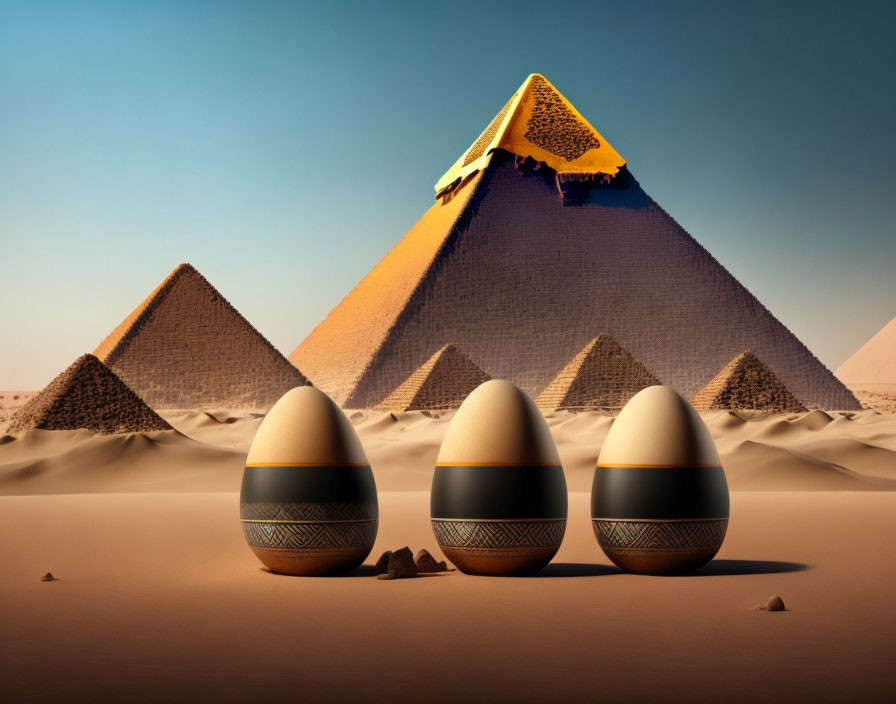 Decorated Eggs in Front of Pyramids in Desert Landscape