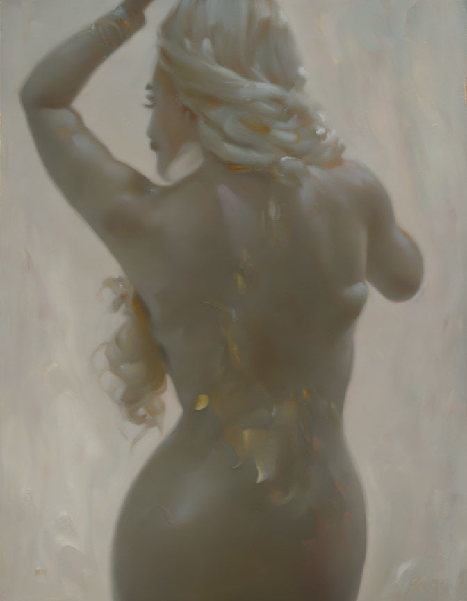 Blonde woman with raised arm and cascading petals in soft style