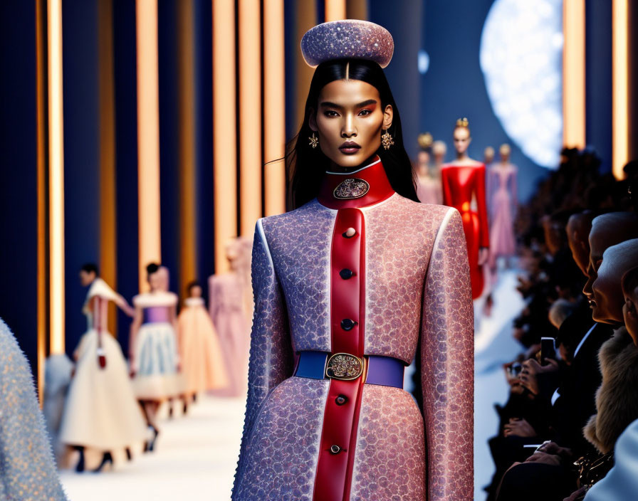 Fashion show runway featuring model in elegant outfit and unique hat, surrounded by audience and other models.