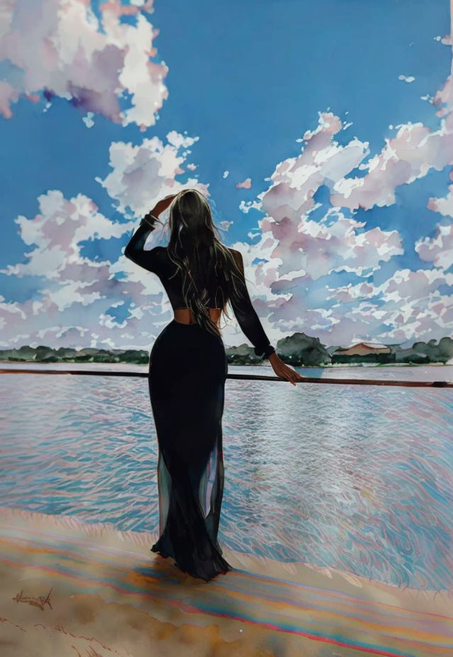 Woman in Black Dress Gazes at Vibrant Sky by Water's Edge