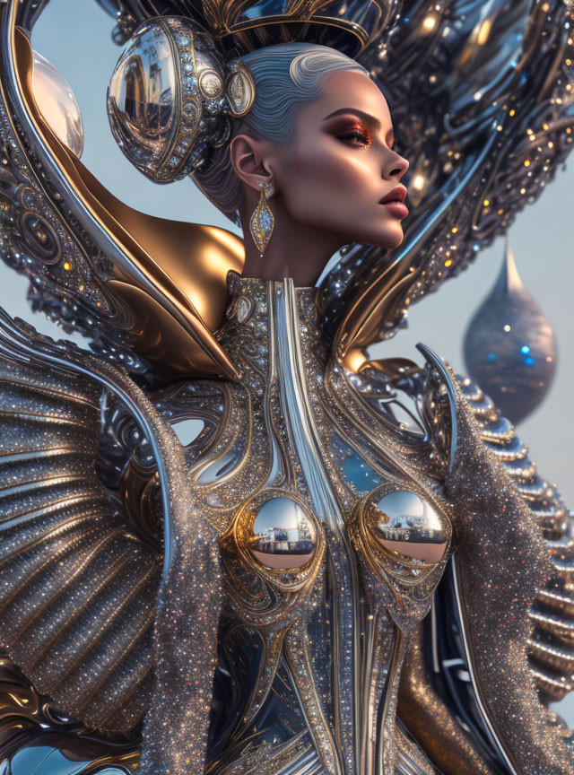 Futuristic woman in metallic-gold outfit with spherical adornments