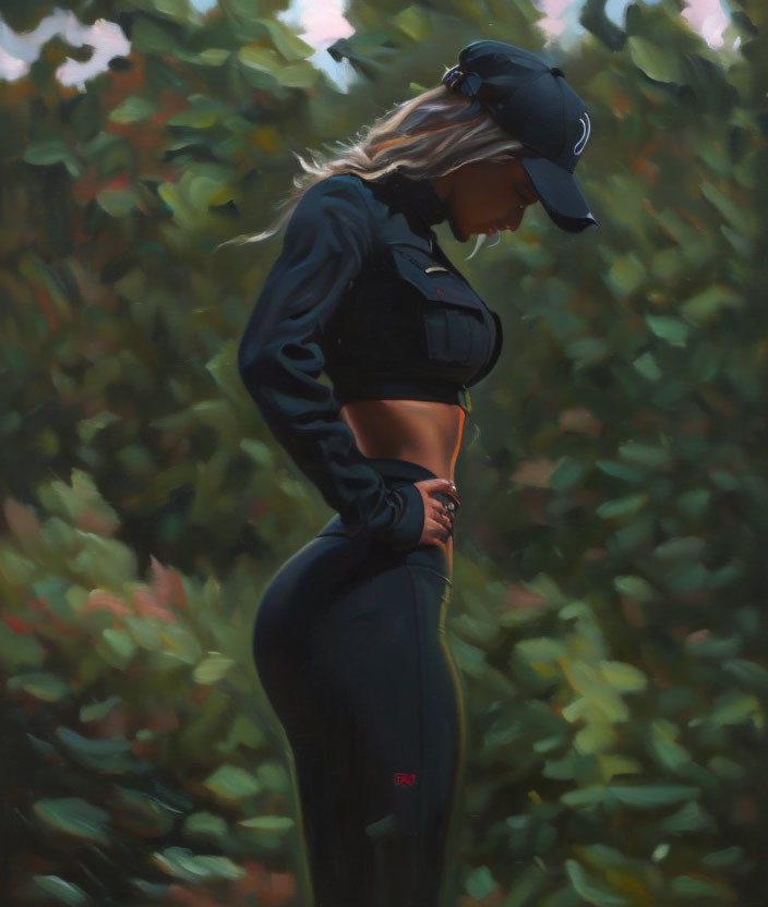 Cap-wearing person in sportswear gazes downward, surrounded by blurred trees.