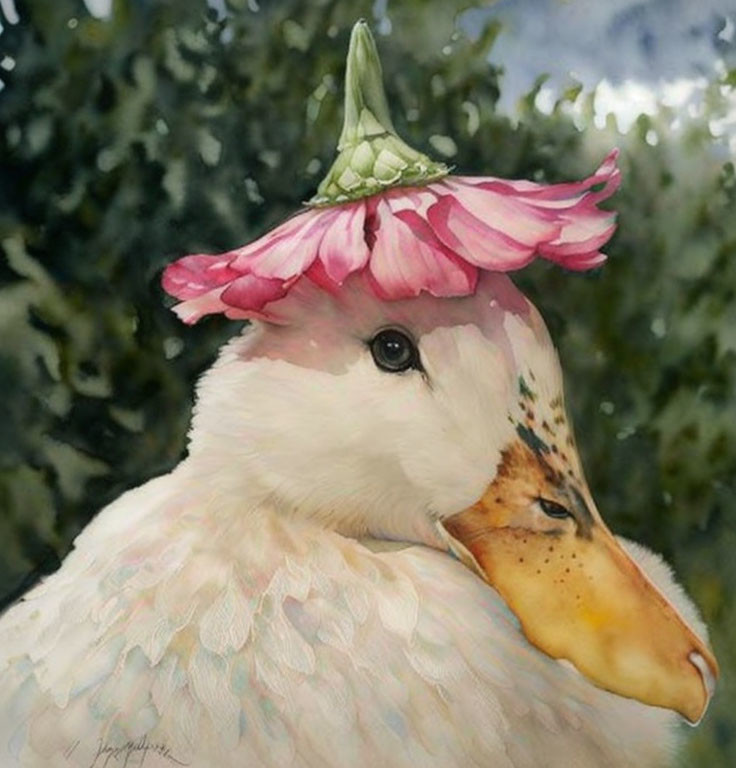 Duck Painting with White and Brown Feathers and Pink Flower