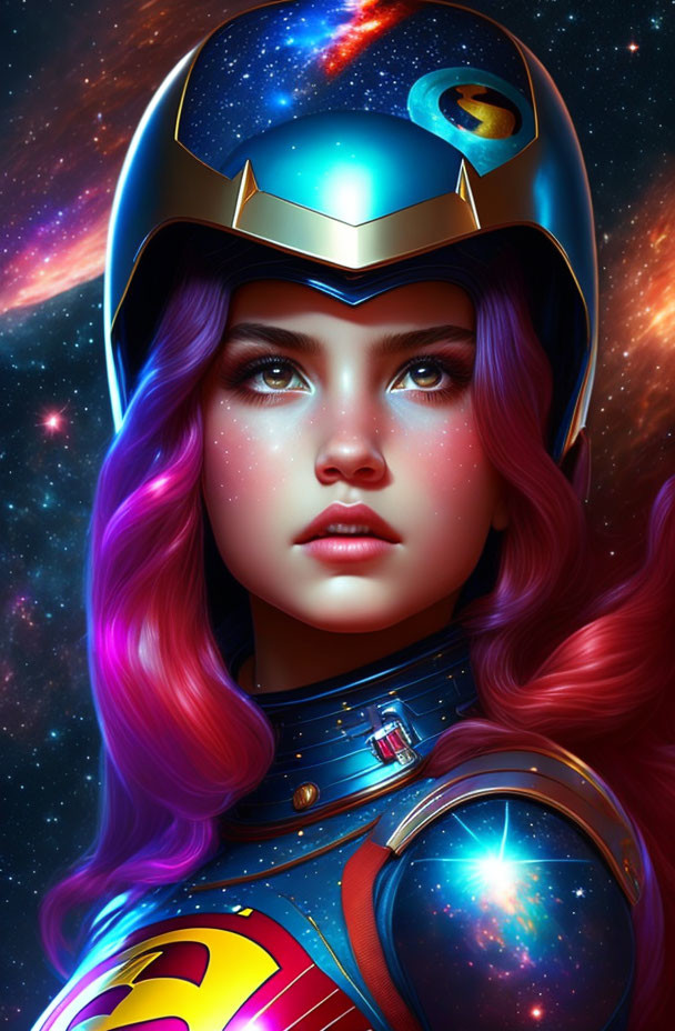 Digital artwork of woman with purple hair in superhero costume & helmet on cosmic background.