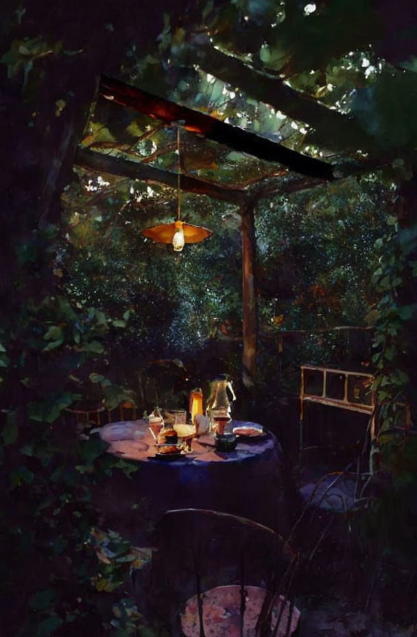 Nighttime outdoor dining setting with glowing lamp, table for two, and lush greenery.