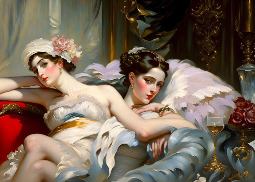 Two women in classical attire with a white feathered wing in opulent setting.