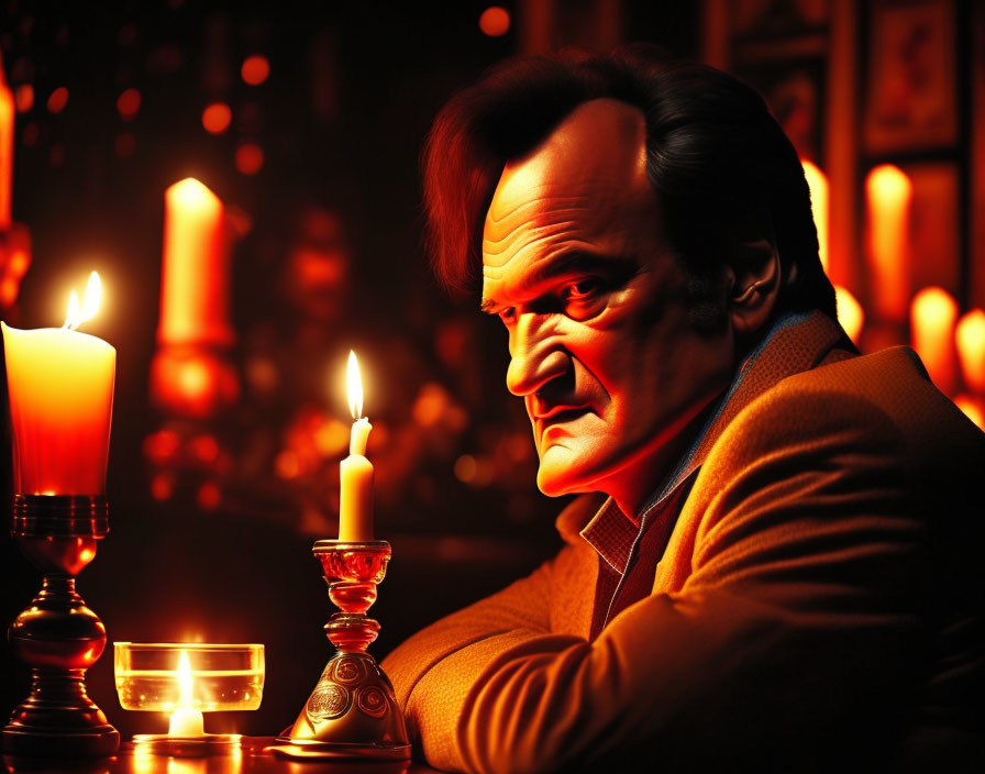 Man sitting at candlelit bar with stern expression and shadowy ambiance