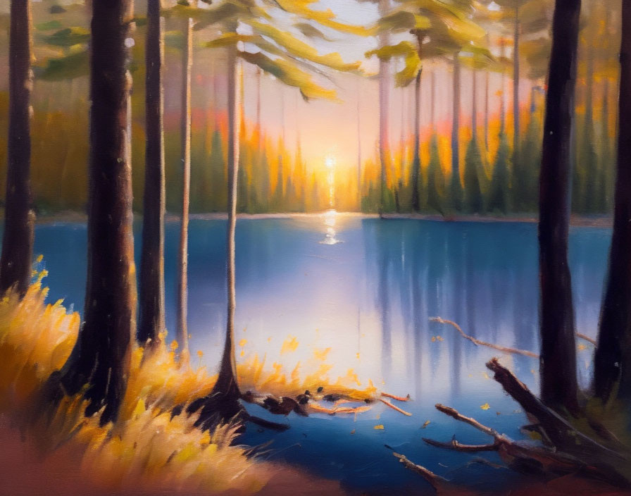 Tranquil forest scene with lake reflecting warm sunset hues