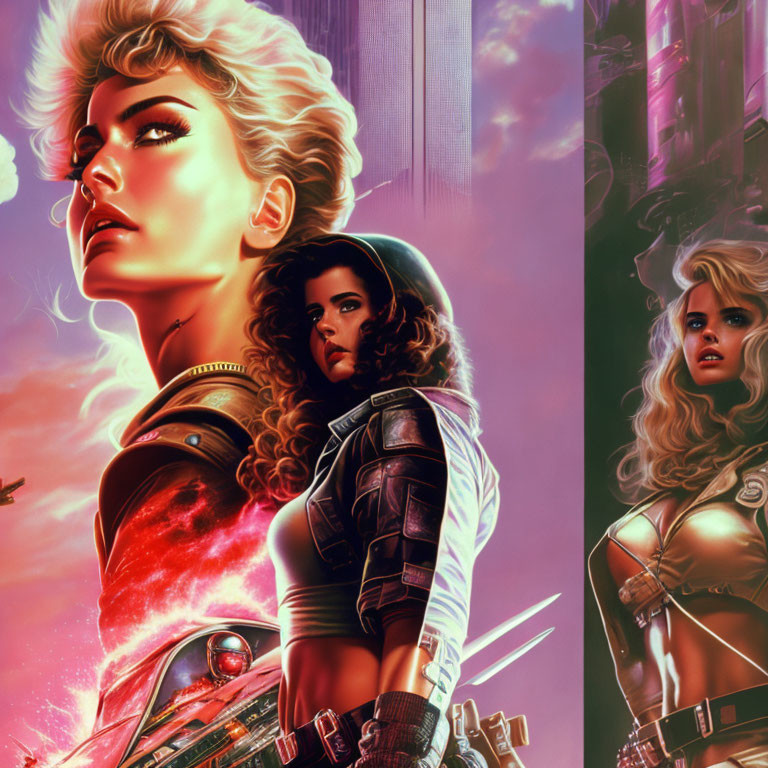 Three futuristic female characters in stylized outfits with neon-lit cityscape and planes.