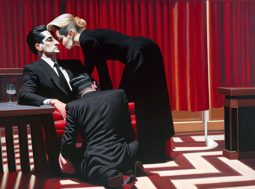 Dramatic red room painting with man, woman, and crouching figure